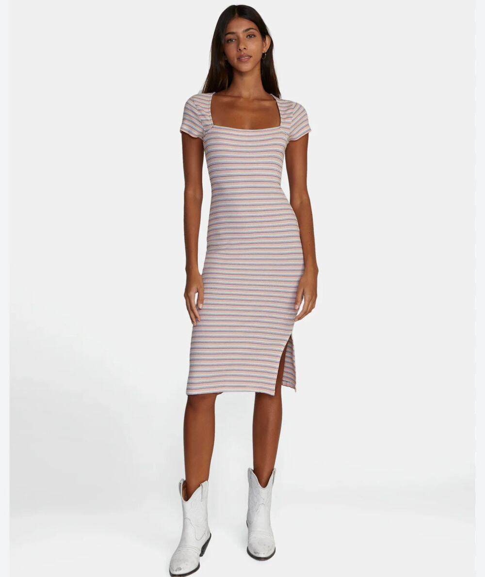 RVCA Rainbow Striped Ribbed Knit Midi A Line Dress Slits Medium 10